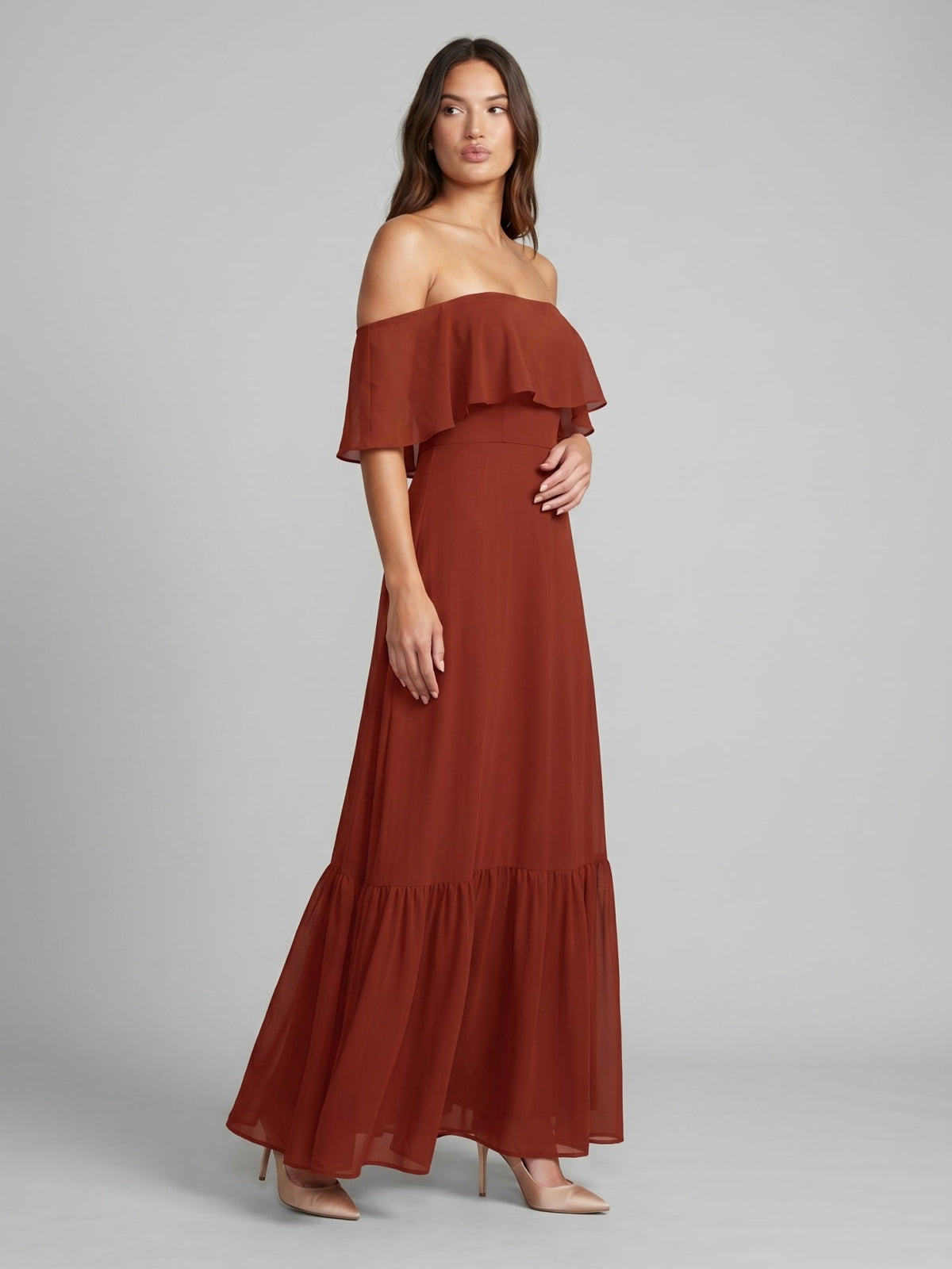 Rust Chiffon A-Line Off-the-Shoulder Backless Floor-Length Bridesmaid Dress with Ruffle - Curvevia
