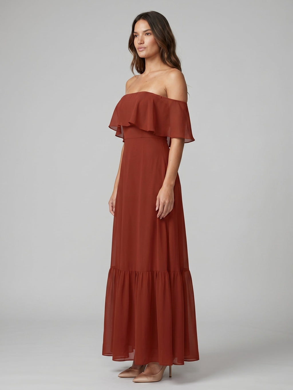 Rust Chiffon A-Line Off-the-Shoulder Backless Floor-Length Bridesmaid Dress with Ruffle - Curvevia