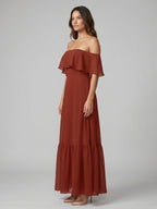 Rust Chiffon A-Line Off-the-Shoulder Backless Floor-Length Bridesmaid Dress with Ruffle - Curvevia