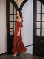 Rust Chiffon A-Line Off-the-Shoulder Backless Floor-Length Bridesmaid Dress with Ruffle - Curvevia