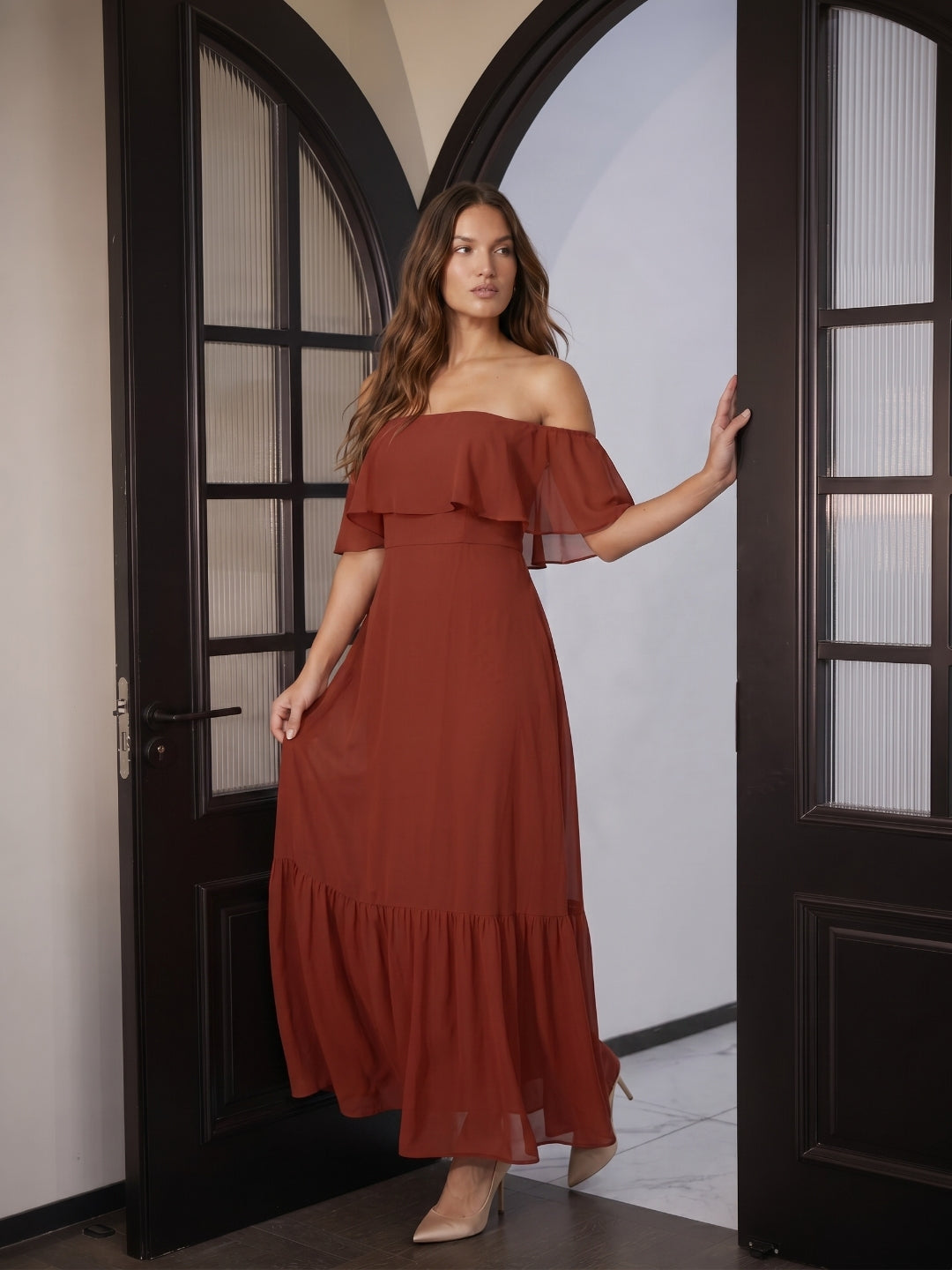 Rust Chiffon A-Line Off-the-Shoulder Backless Floor-Length Bridesmaid Dress with Ruffle - Curvevia