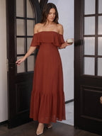 Rust Chiffon A-Line Off-the-Shoulder Backless Floor-Length Bridesmaid Dress with Ruffle - Curvevia