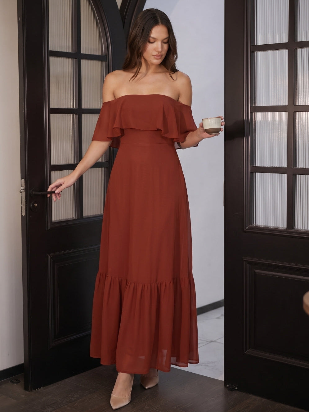 Rust Chiffon A-Line Off-the-Shoulder Backless Floor-Length Bridesmaid Dress with Ruffle - Curvevia