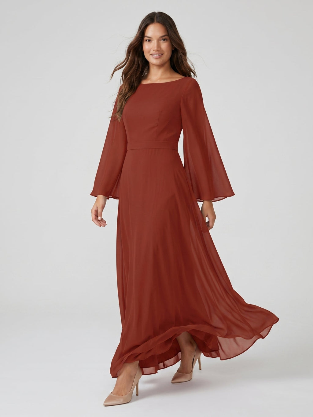 Rust Chiffon A-Line Scoop Neck Backless Floor-Length Bridesmaid Dress with Ruffle - Curvevia