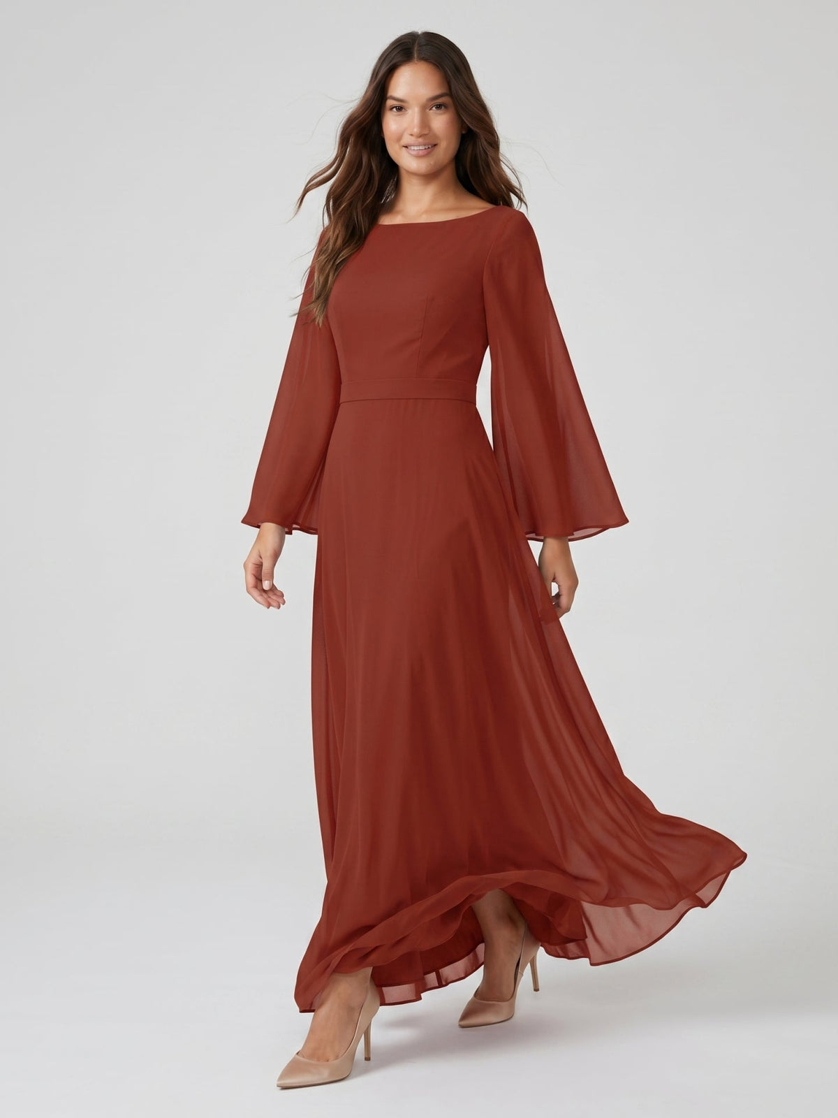 Rust Chiffon A-Line Scoop Neck Backless Floor-Length Bridesmaid Dress with Ruffle - Curvevia