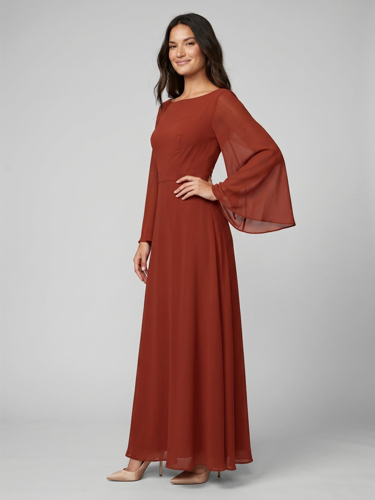 Rust Chiffon A-Line Scoop Neck Backless Floor-Length Bridesmaid Dress with Ruffle - Curvevia