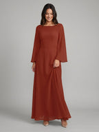 Rust Chiffon A-Line Scoop Neck Backless Floor-Length Bridesmaid Dress with Ruffle - Curvevia