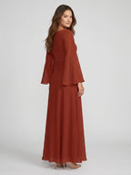Rust Chiffon A-Line Scoop Neck Backless Floor-Length Bridesmaid Dress with Ruffle - Curvevia
