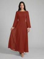 Rust Chiffon A-Line Scoop Neck Backless Floor-Length Bridesmaid Dress with Ruffle - Curvevia