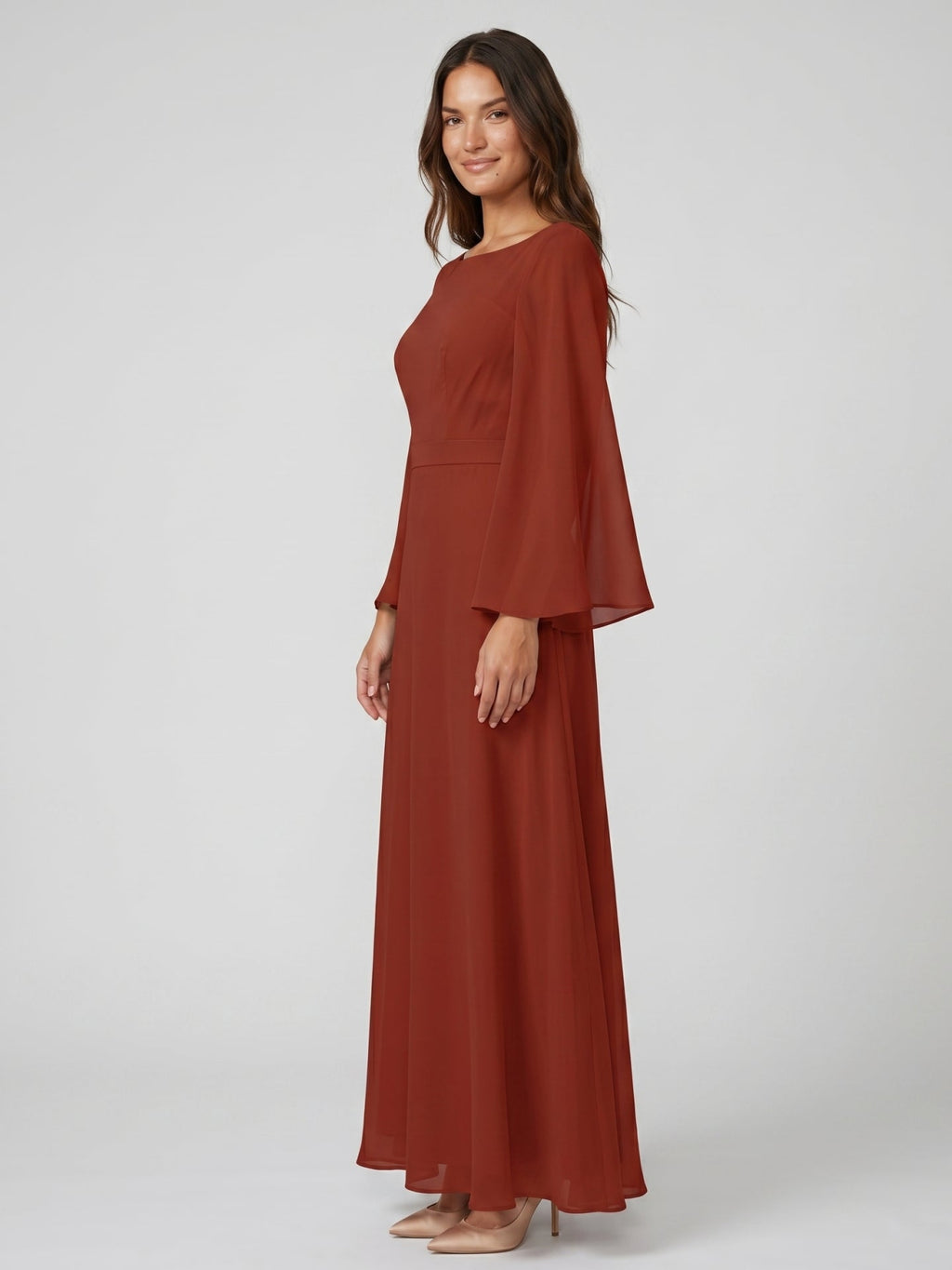 Rust Chiffon A-Line Scoop Neck Backless Floor-Length Bridesmaid Dress with Ruffle - Curvevia