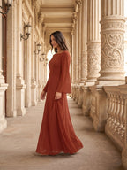 Rust Chiffon A-Line Scoop Neck Backless Floor-Length Bridesmaid Dress with Ruffle - Curvevia