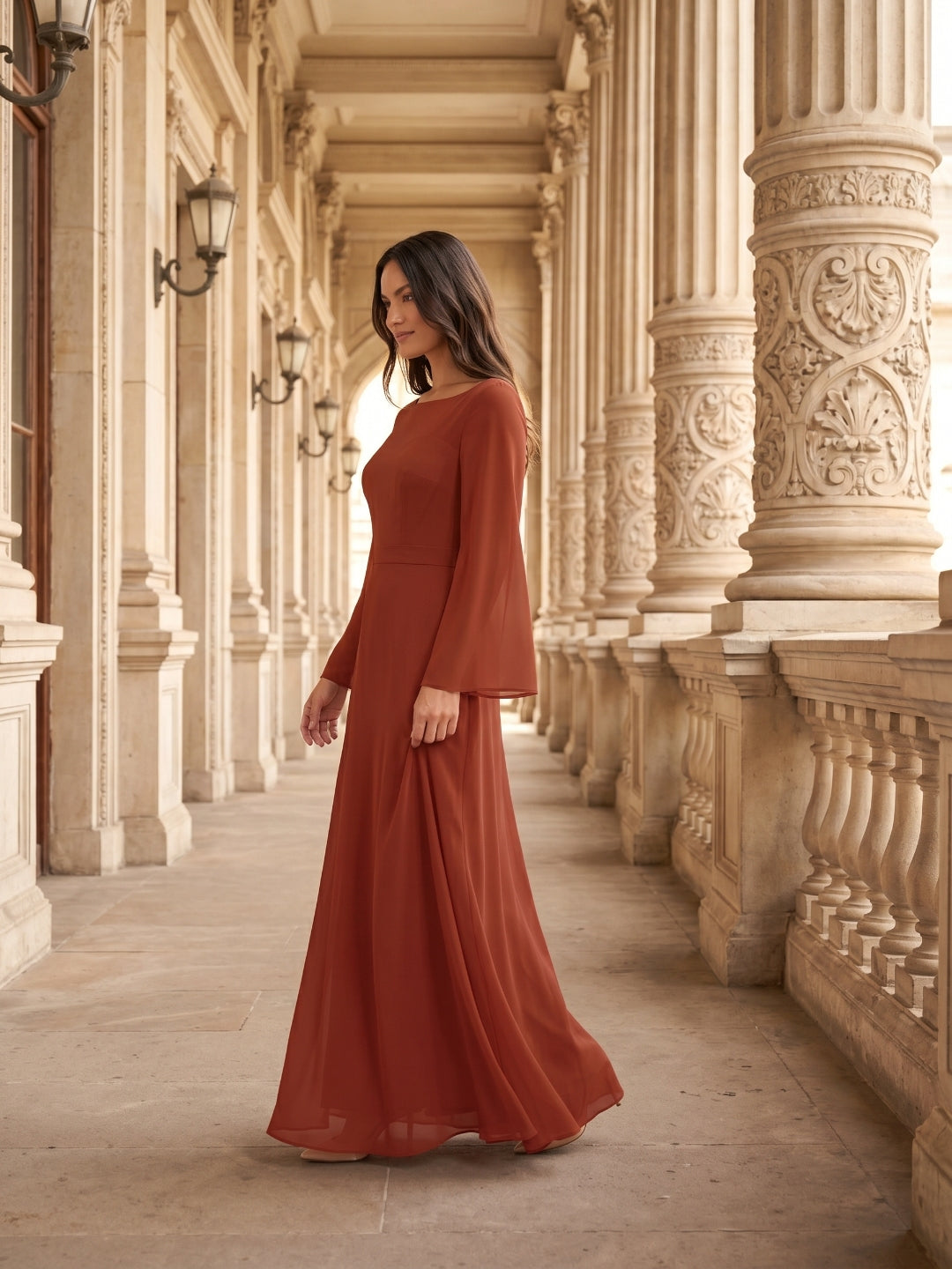 Rust Chiffon A-Line Scoop Neck Backless Floor-Length Bridesmaid Dress with Ruffle - Curvevia