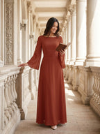 Rust Chiffon A-Line Scoop Neck Backless Floor-Length Bridesmaid Dress with Ruffle - Curvevia