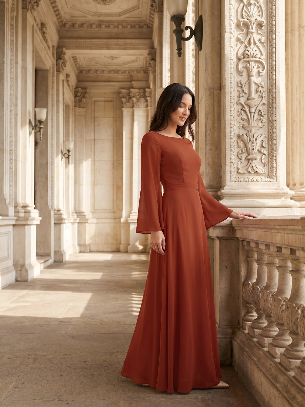 Rust Chiffon A-Line Scoop Neck Backless Floor-Length Bridesmaid Dress with Ruffle - Curvevia