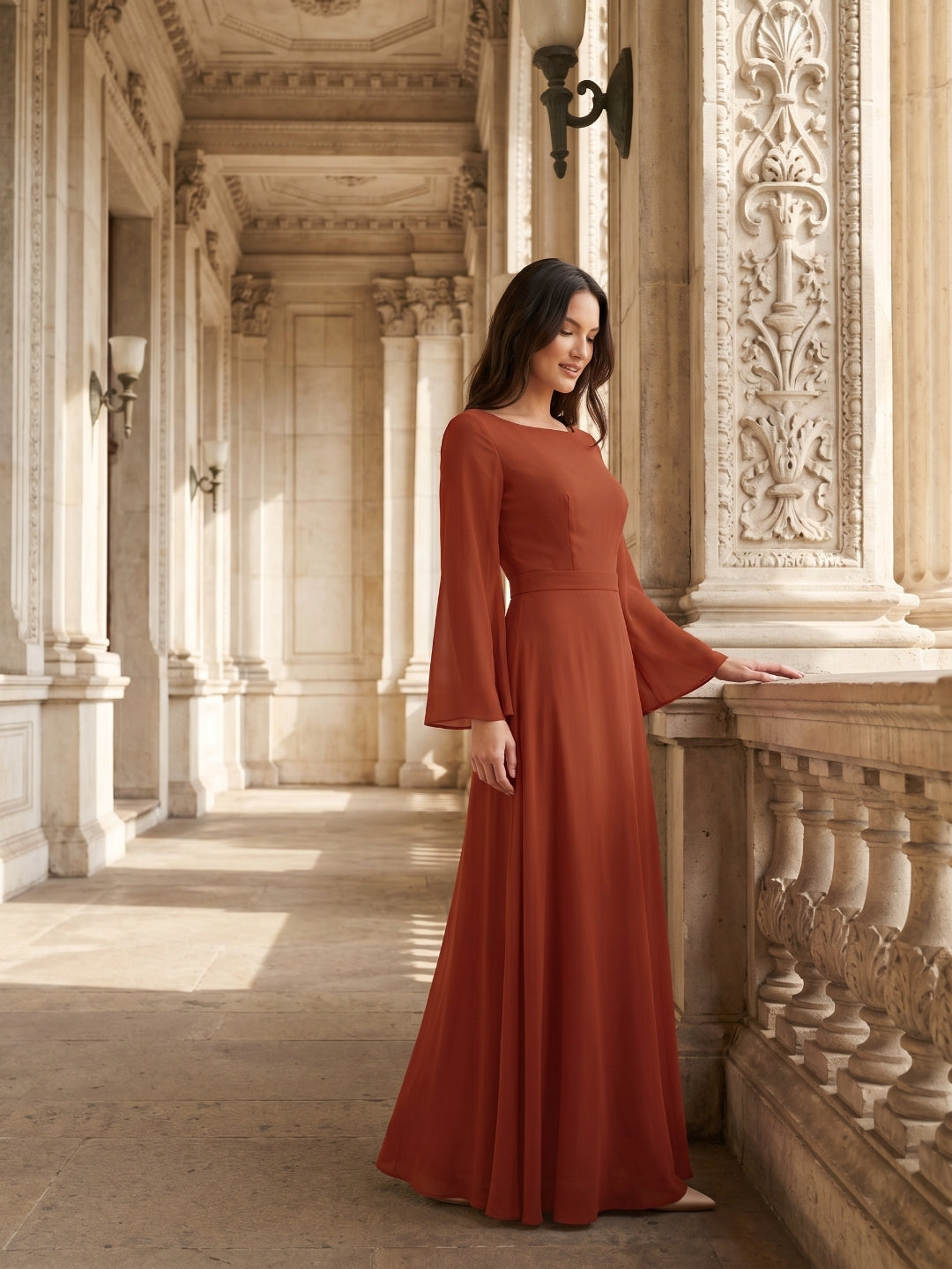 Rust Chiffon A-Line Scoop Neck Backless Floor-Length Bridesmaid Dress with Ruffle - Curvevia