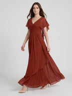 Rust Chiffon A-Line V-Neck Backless Floor-Length Bridesmaid Dress with Ruffle - Curvevia
