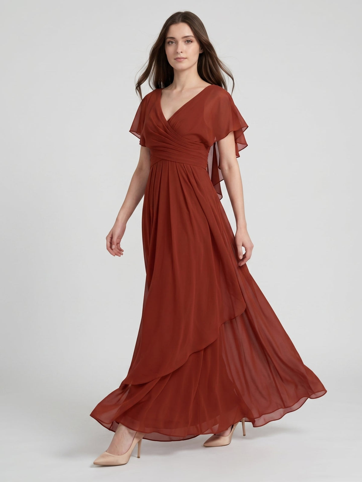 Rust Chiffon A-Line V-Neck Backless Floor-Length Bridesmaid Dress with Ruffle - Curvevia