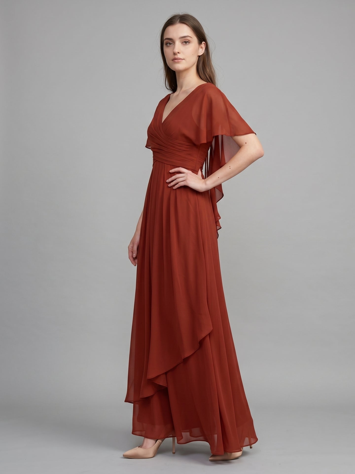 Rust Chiffon A-Line V-Neck Backless Floor-Length Bridesmaid Dress with Ruffle - Curvevia