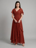 Rust Chiffon A-Line V-Neck Backless Floor-Length Bridesmaid Dress with Ruffle - Curvevia
