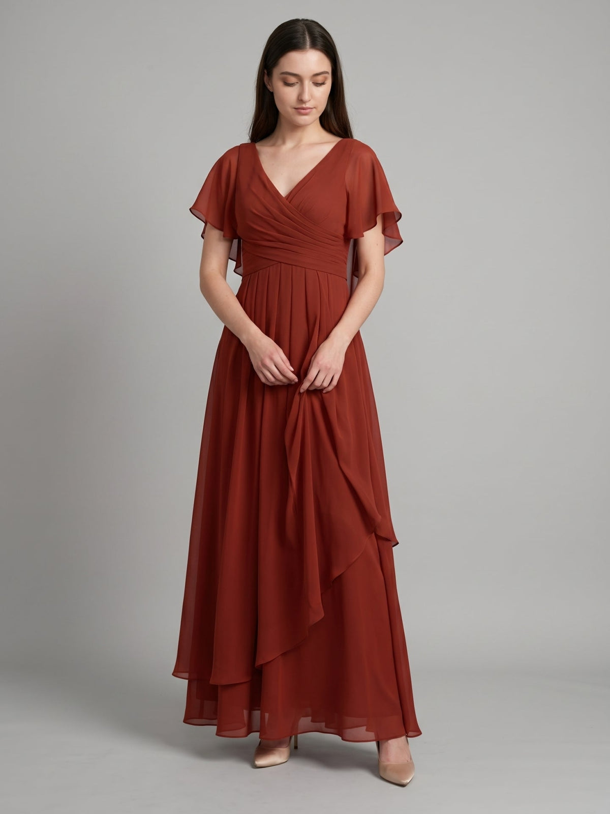Rust Chiffon A-Line V-Neck Backless Floor-Length Bridesmaid Dress with Ruffle - Curvevia
