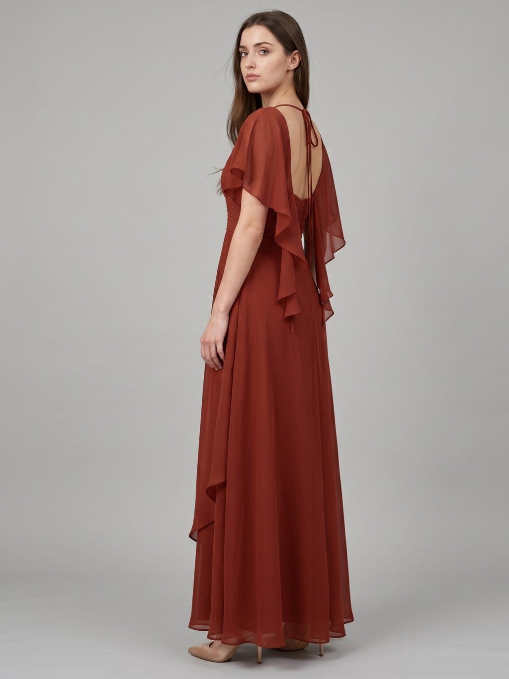 Rust Chiffon A-Line V-Neck Backless Floor-Length Bridesmaid Dress with Ruffle - Curvevia