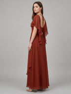 Rust Chiffon A-Line V-Neck Backless Floor-Length Bridesmaid Dress with Ruffle - Curvevia