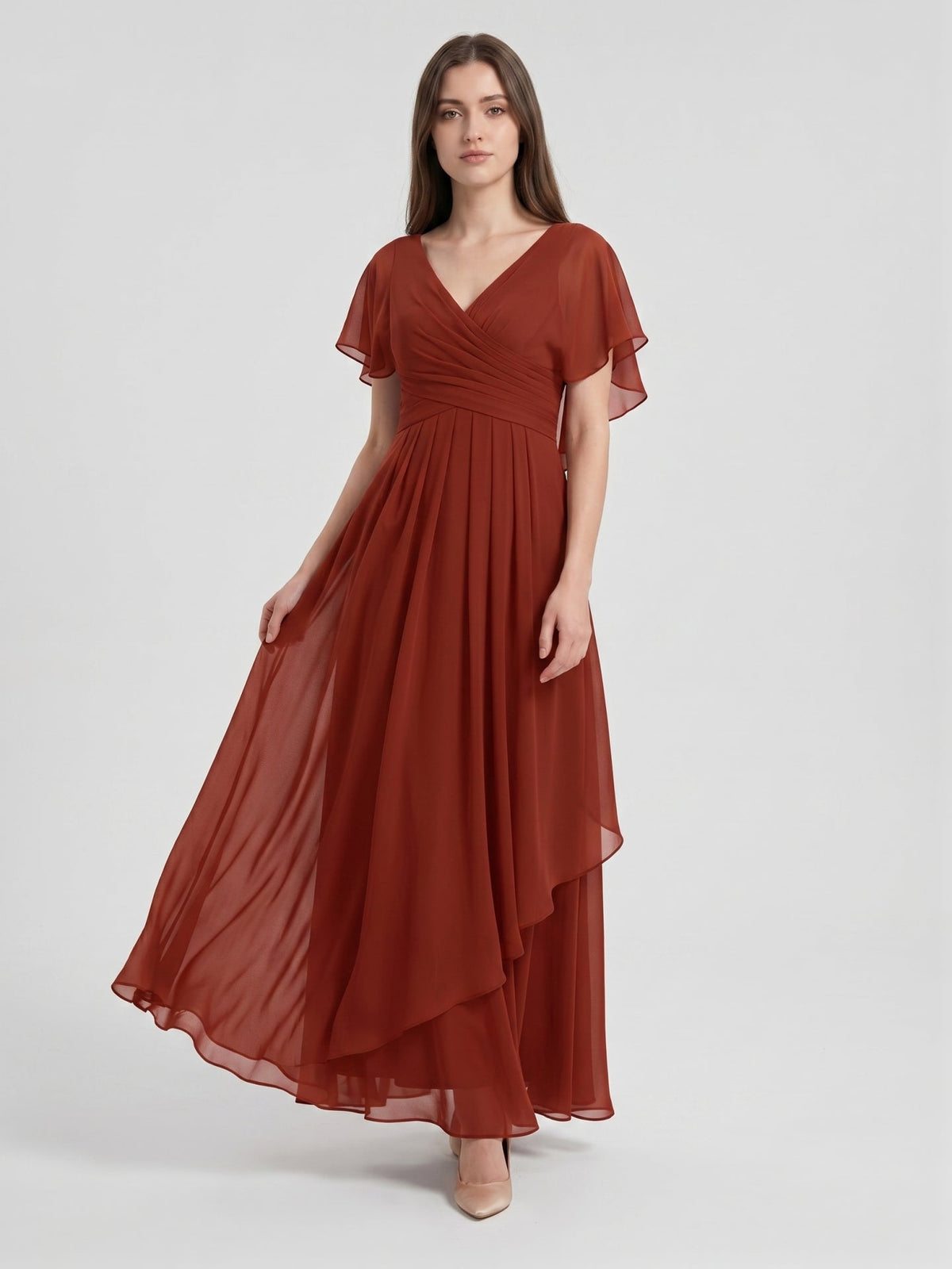 Rust Chiffon A-Line V-Neck Backless Floor-Length Bridesmaid Dress with Ruffle - Curvevia
