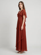 Rust Chiffon A-Line V-Neck Backless Floor-Length Bridesmaid Dress with Ruffle - Curvevia