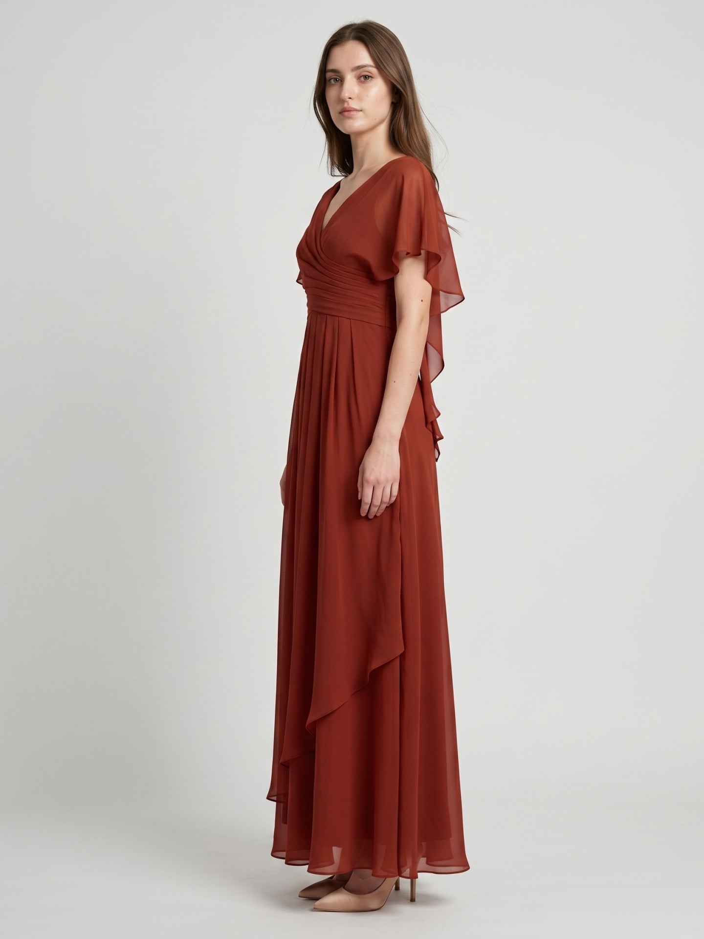 Rust Chiffon A-Line V-Neck Backless Floor-Length Bridesmaid Dress with Ruffle - Curvevia