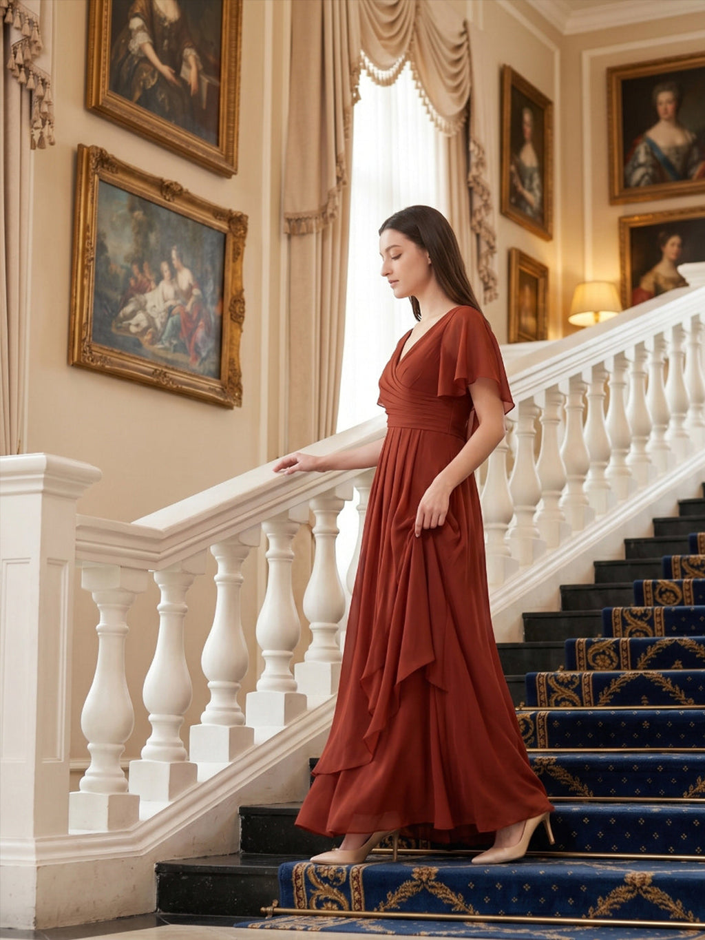 Rust Chiffon A-Line V-Neck Backless Floor-Length Bridesmaid Dress with Ruffle - Curvevia