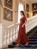 Rust Chiffon A-Line V-Neck Backless Floor-Length Bridesmaid Dress with Ruffle - Curvevia