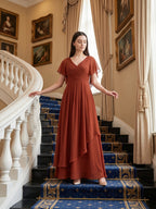 Rust Chiffon A-Line V-Neck Backless Floor-Length Bridesmaid Dress with Ruffle - Curvevia