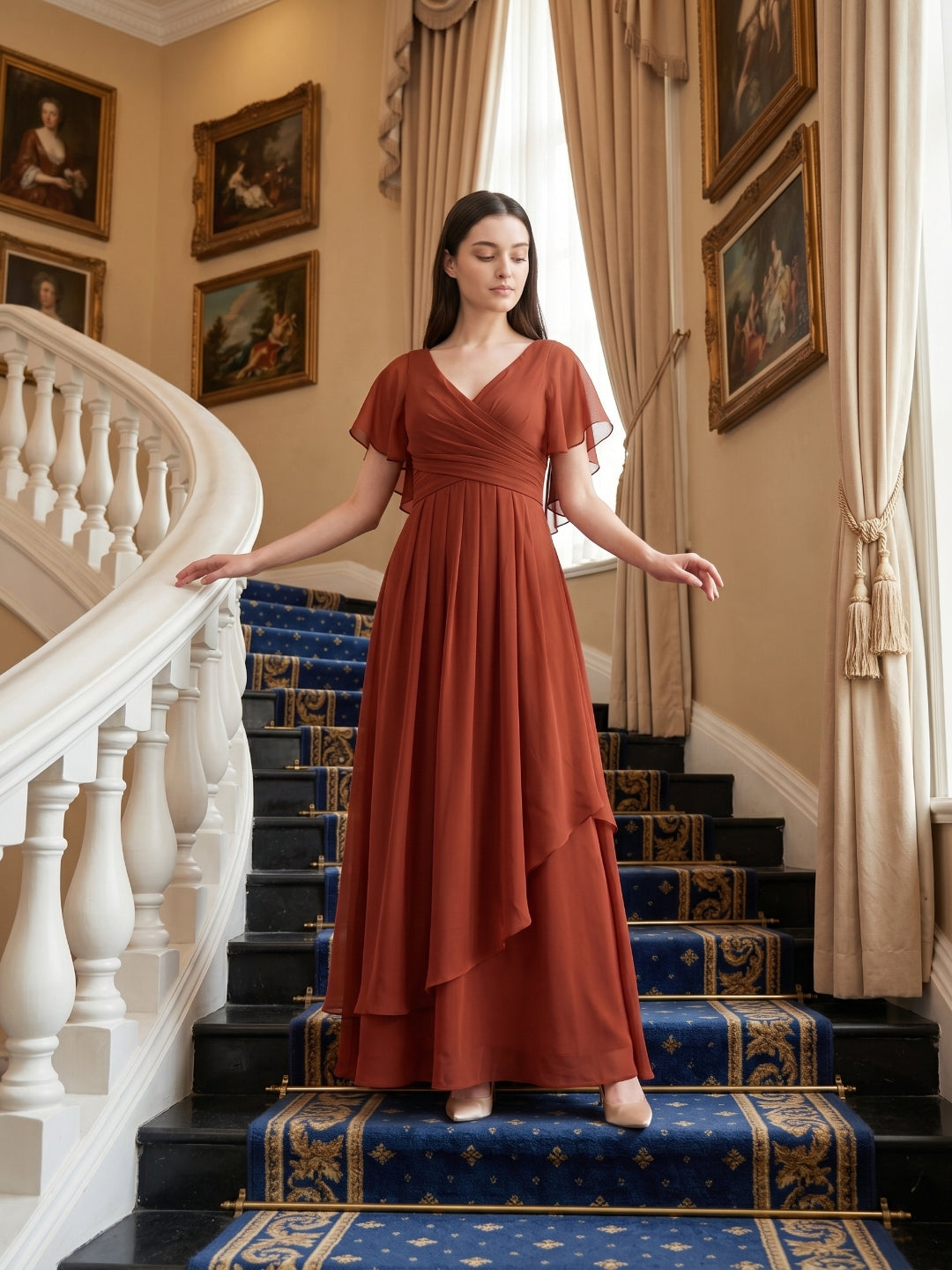 Rust Chiffon A-Line V-Neck Backless Floor-Length Bridesmaid Dress with Ruffle - Curvevia