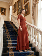 Rust Chiffon A-Line V-Neck Backless Floor-Length Bridesmaid Dress with Ruffle - Curvevia