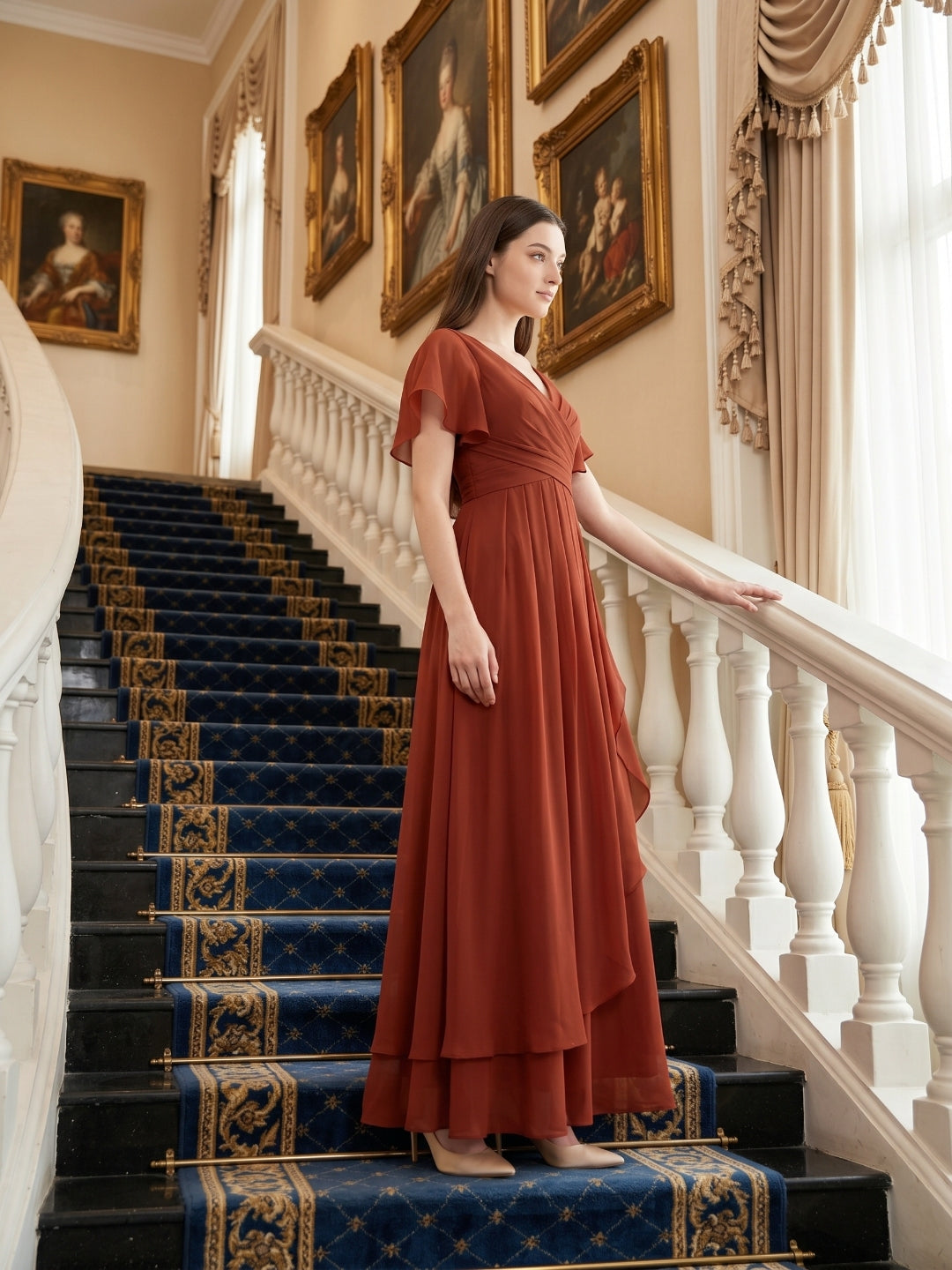 Rust Chiffon A-Line V-Neck Backless Floor-Length Bridesmaid Dress with Ruffle - Curvevia