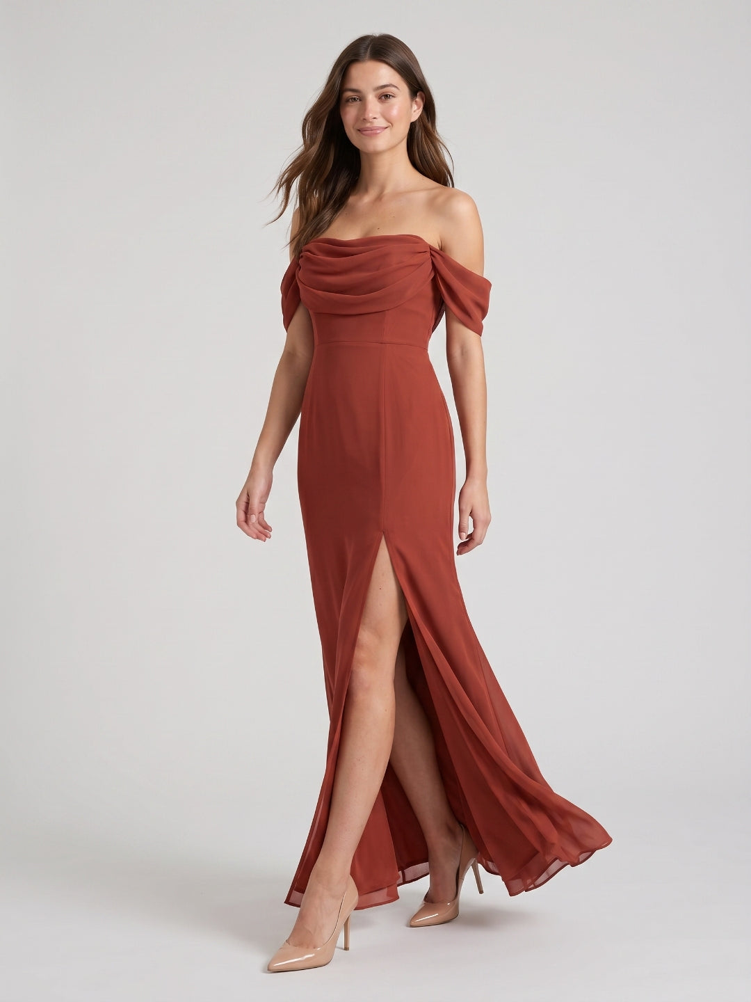 Rust Chiffon Sheath Off-the-Shoulder Backless Floor-Length Bridesmaid Dress with Pleating - Curvevia