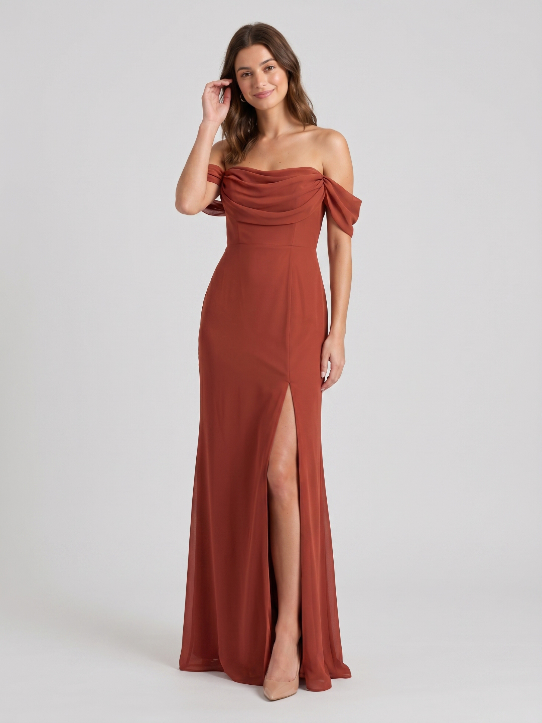 Rust Chiffon Sheath Off-the-Shoulder Backless Floor-Length Bridesmaid Dress with Pleating - Curvevia