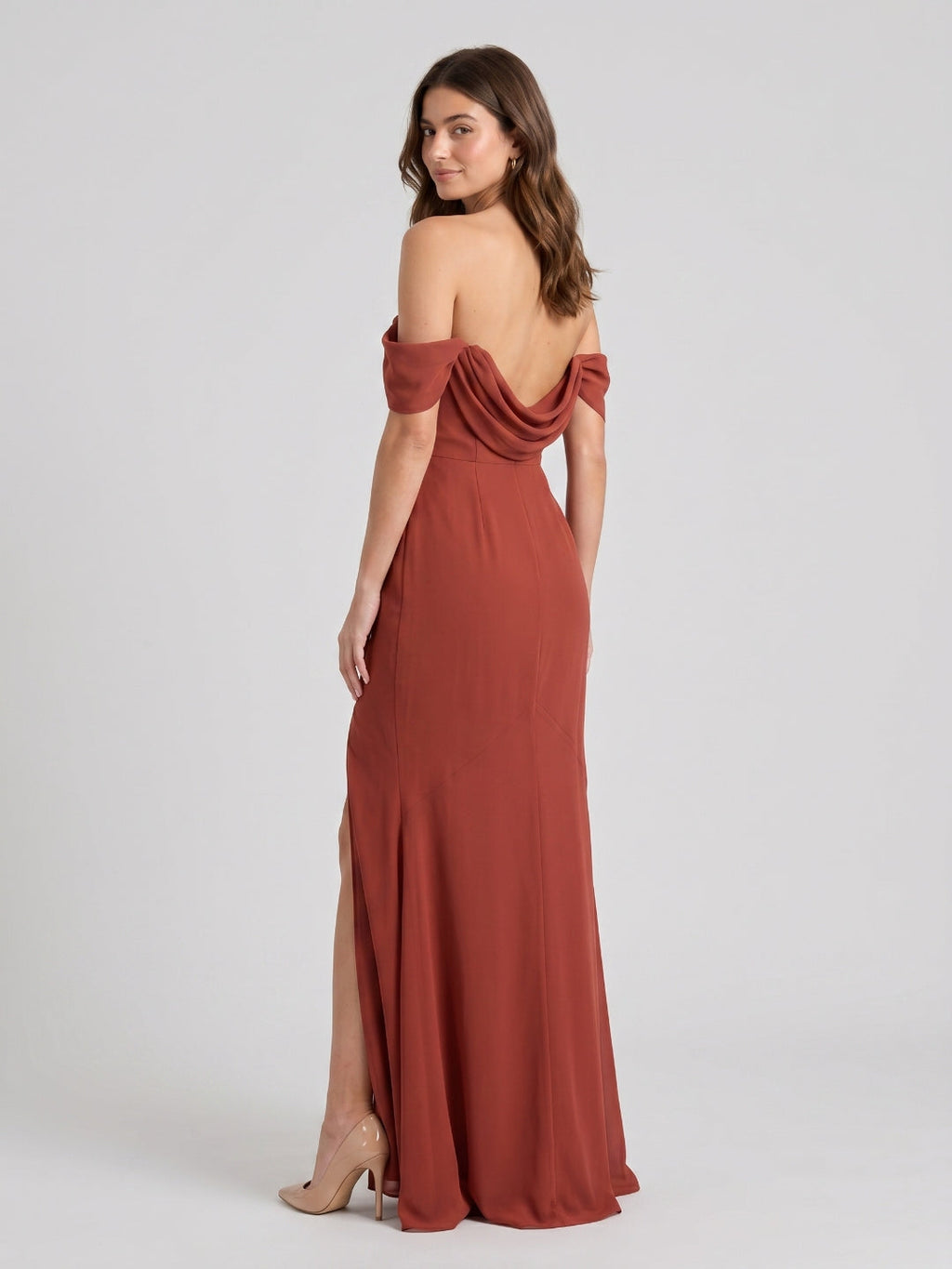 Rust Chiffon Sheath Off-the-Shoulder Backless Floor-Length Bridesmaid Dress with Pleating - Curvevia