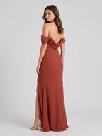 Rust Chiffon Sheath Off-the-Shoulder Backless Floor-Length Bridesmaid Dress with Pleating - Curvevia