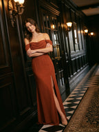 Rust Chiffon Sheath Off-the-Shoulder Backless Floor-Length Bridesmaid Dress with Pleating - Curvevia