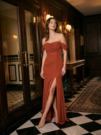 Rust Chiffon Sheath Off-the-Shoulder Backless Floor-Length Bridesmaid Dress with Pleating - Curvevia