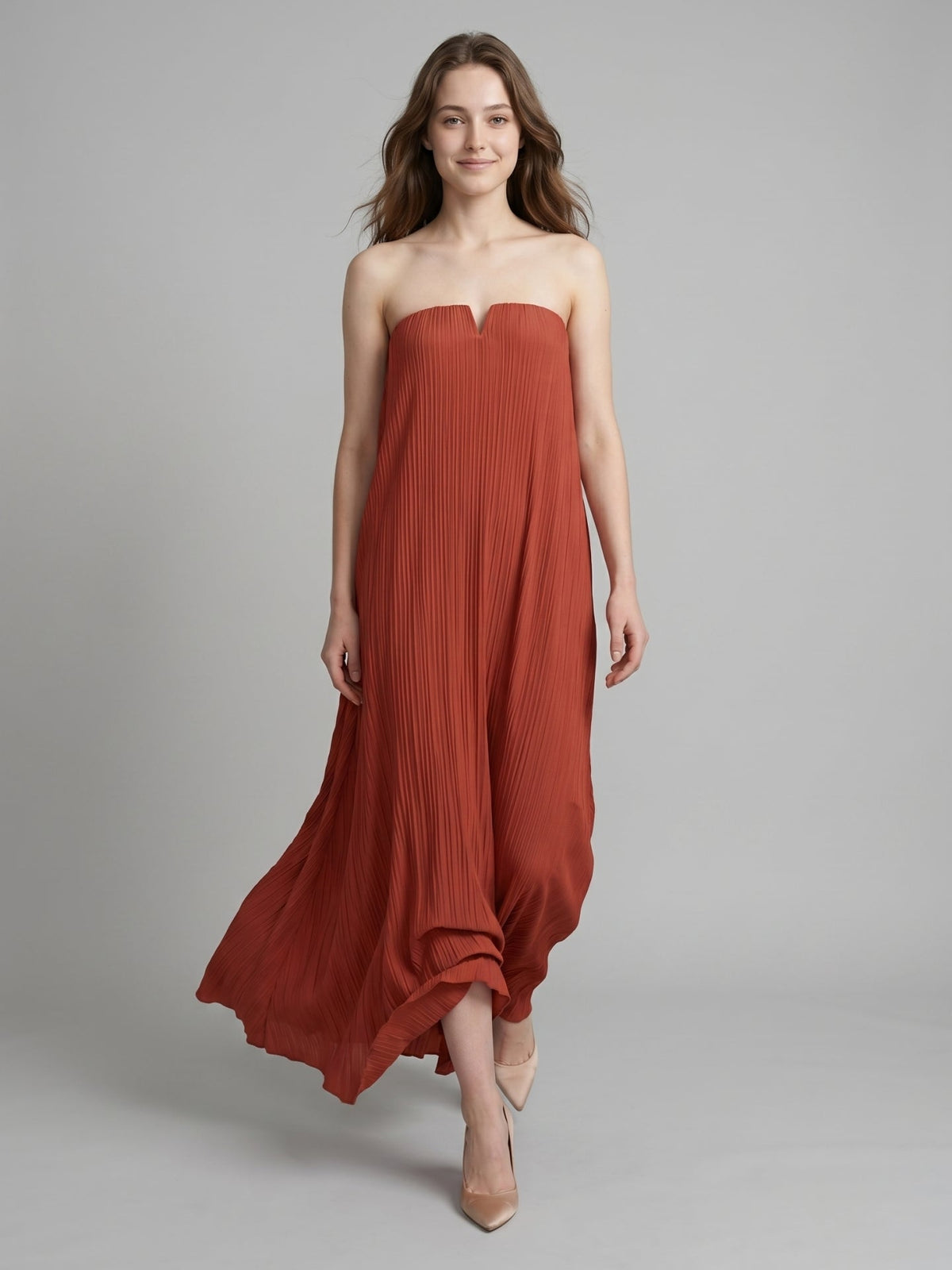 Rust Chiffon column Straight Neck Backless Floor-Length Bridesmaid Dress - Curvevia