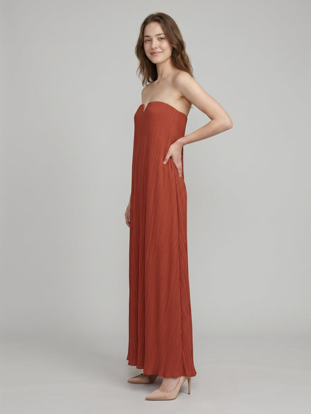 Rust Chiffon column Straight Neck Backless Floor-Length Bridesmaid Dress - Curvevia
