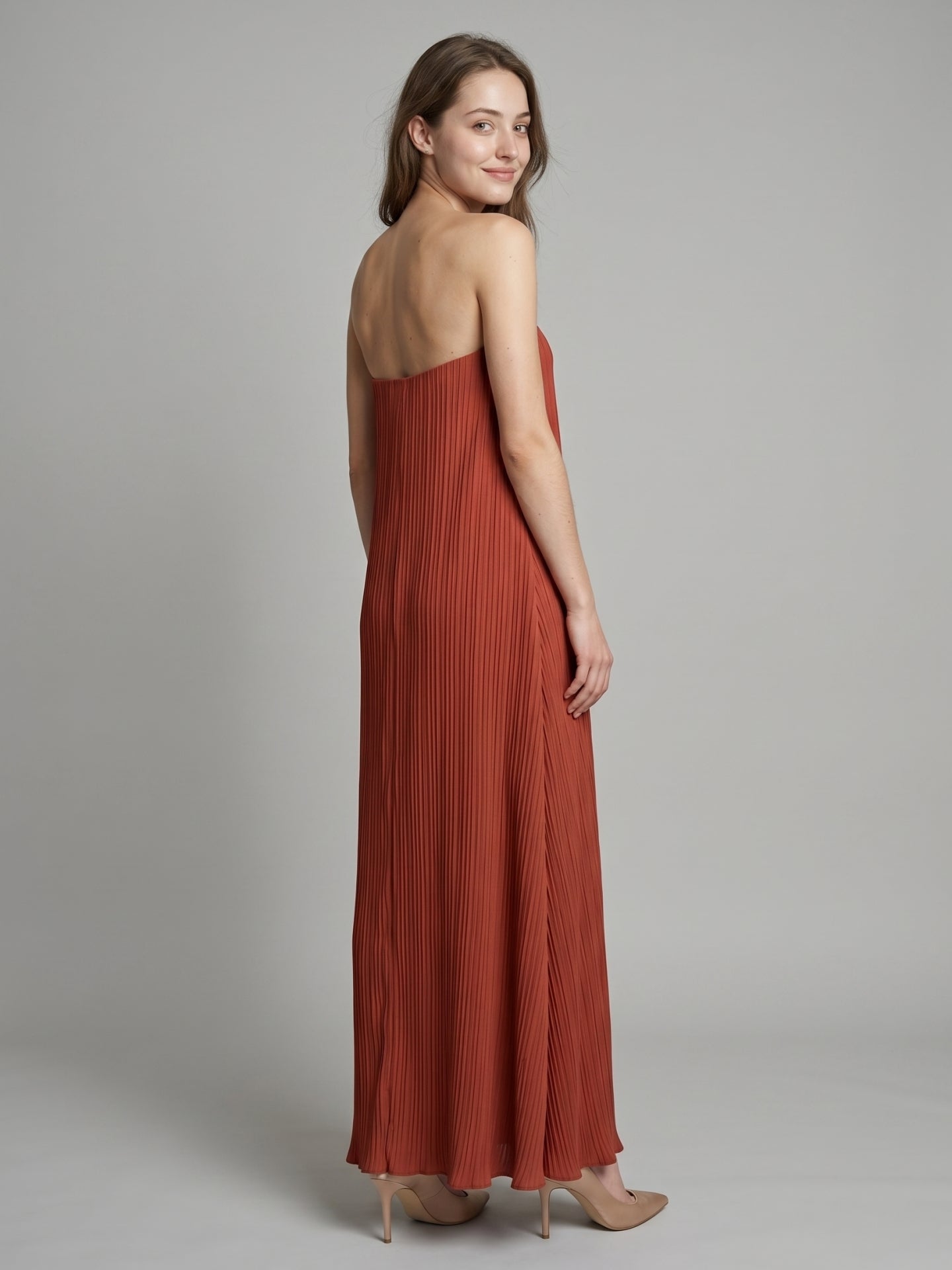 Rust Chiffon column Straight Neck Backless Floor-Length Bridesmaid Dress - Curvevia