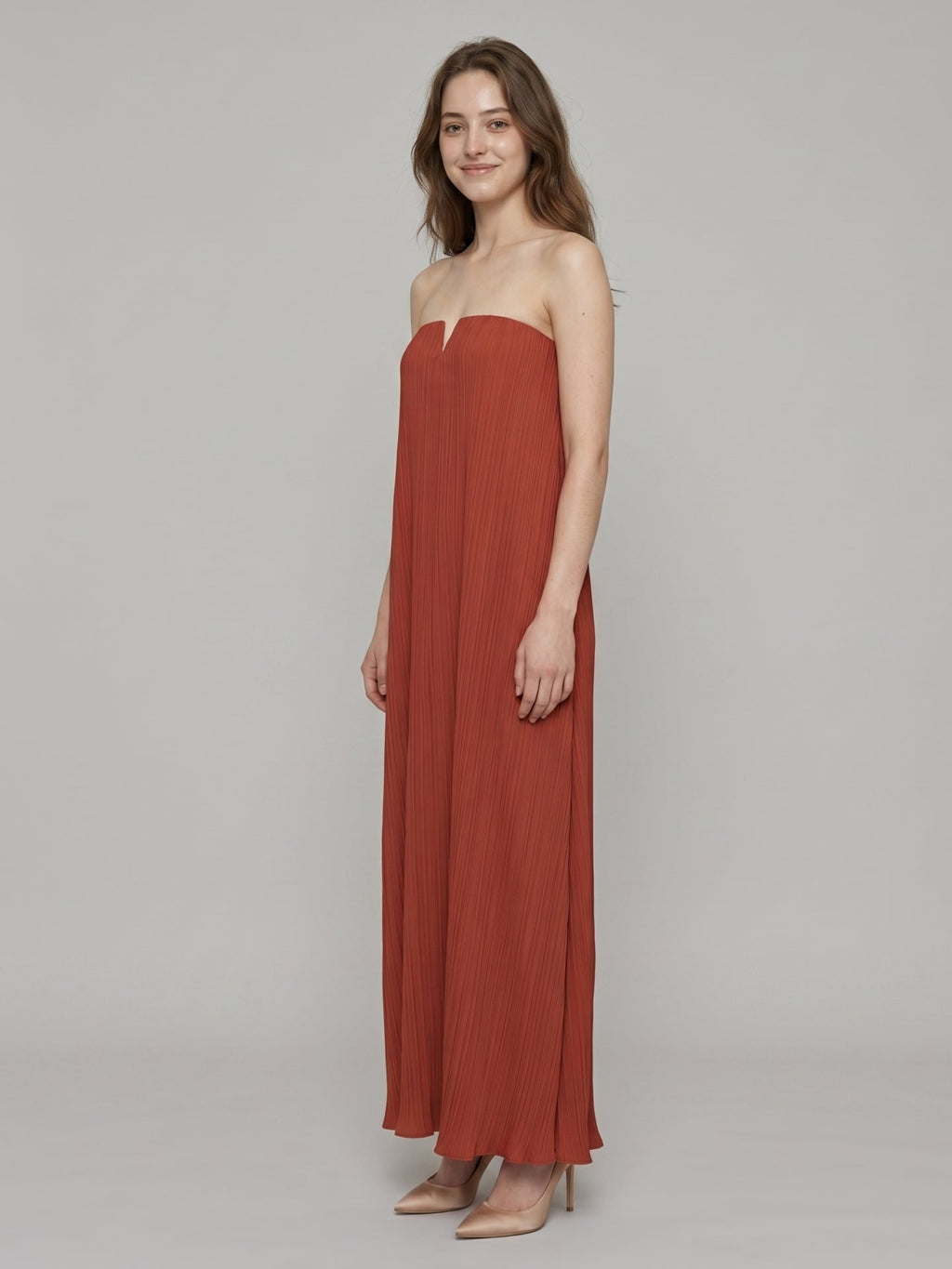 Rust Chiffon column Straight Neck Backless Floor-Length Bridesmaid Dress - Curvevia