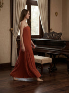 Rust Chiffon column Straight Neck Backless Floor-Length Bridesmaid Dress - Curvevia