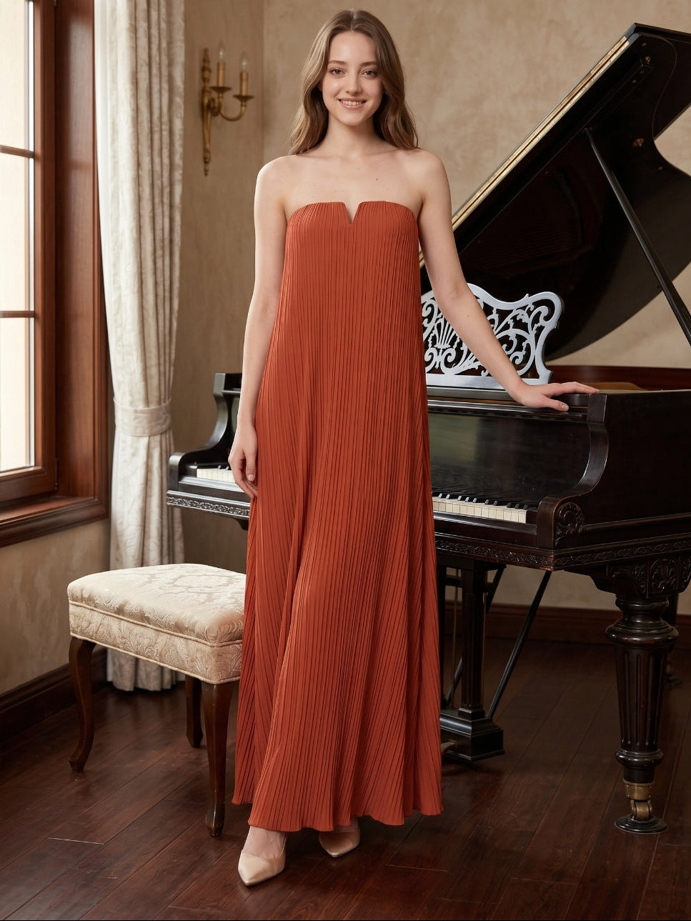 Rust Chiffon column Straight Neck Backless Floor-Length Bridesmaid Dress - Curvevia