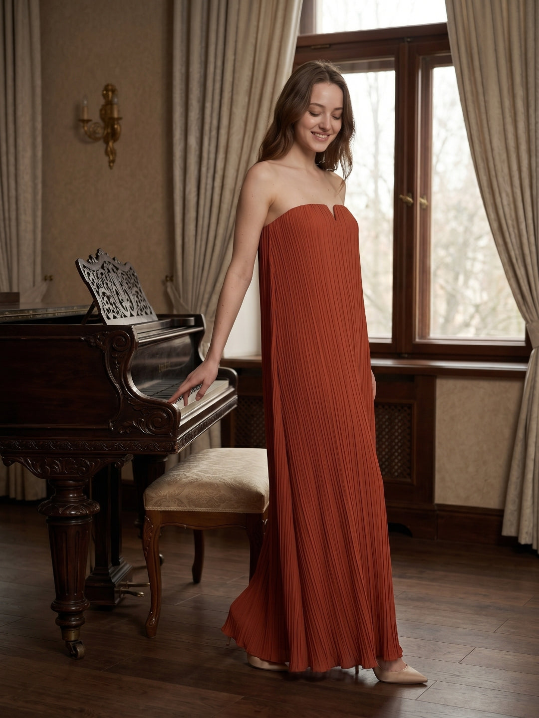 Rust Chiffon column Straight Neck Backless Floor-Length Bridesmaid Dress - Curvevia