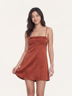 Rust Matte Satin A-Line Square Neck Backless Short Homecoming Dress with Pleats - Curvevia
