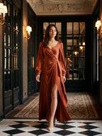 Rust Matte Satin Column V-Neck Back Zip Floor-Length Bridesmaid Dress with Pleats - Curvevia